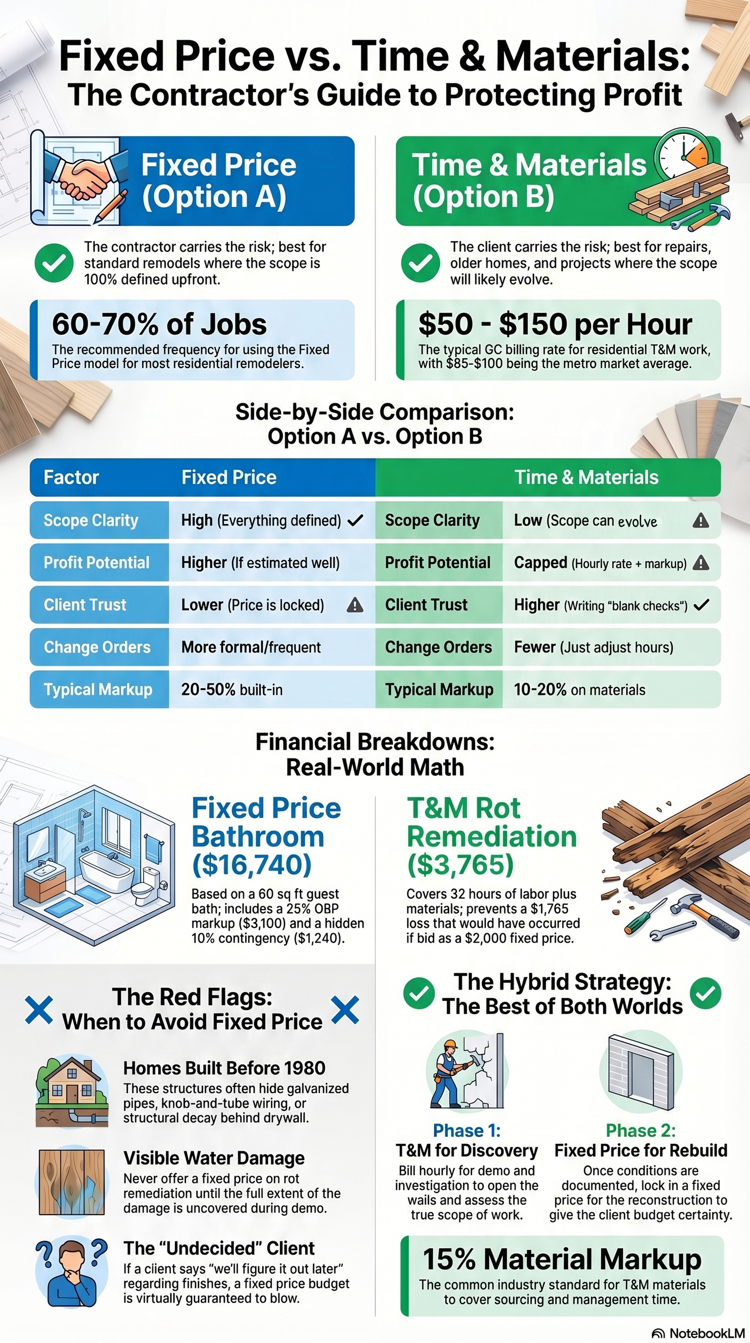 Fixed price vs T&M contractor pricing comparison infographic