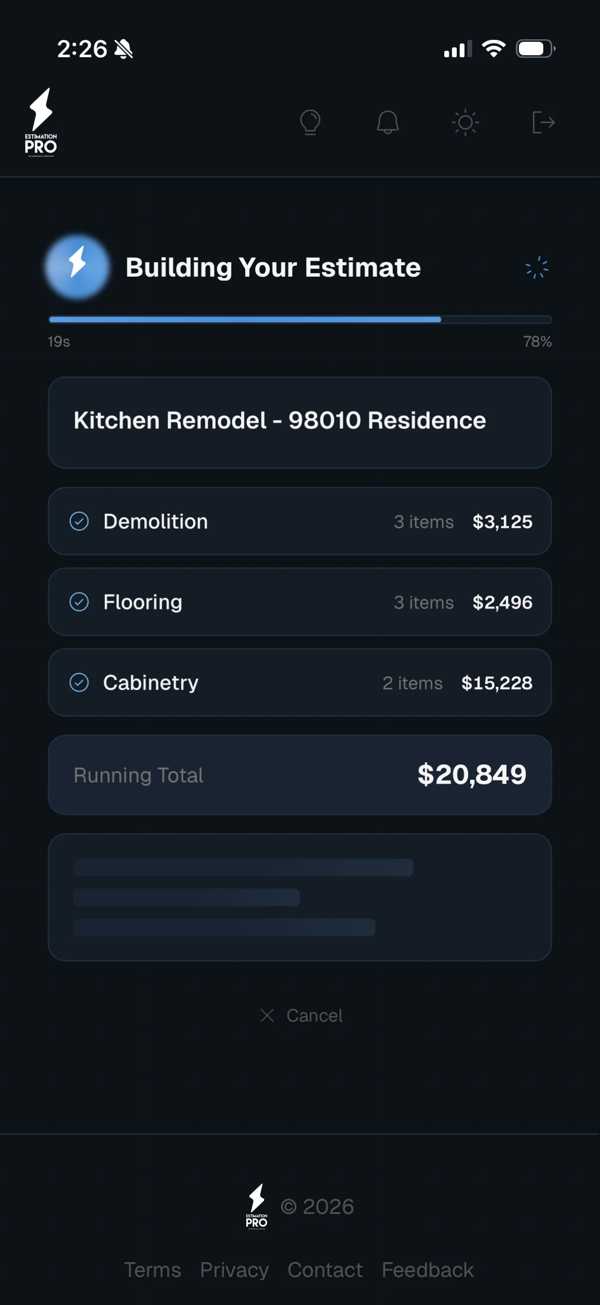 AI building kitchen estimate in real time - 78% complete, Demolition $3,125, Flooring $2,496, Cabinetry $15,228, running total $20,849