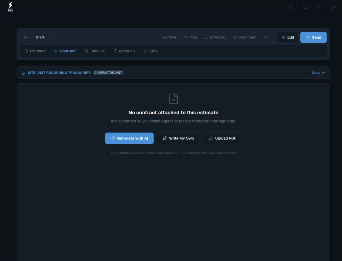 Contract tab with AI generate, write your own, and upload PDF options