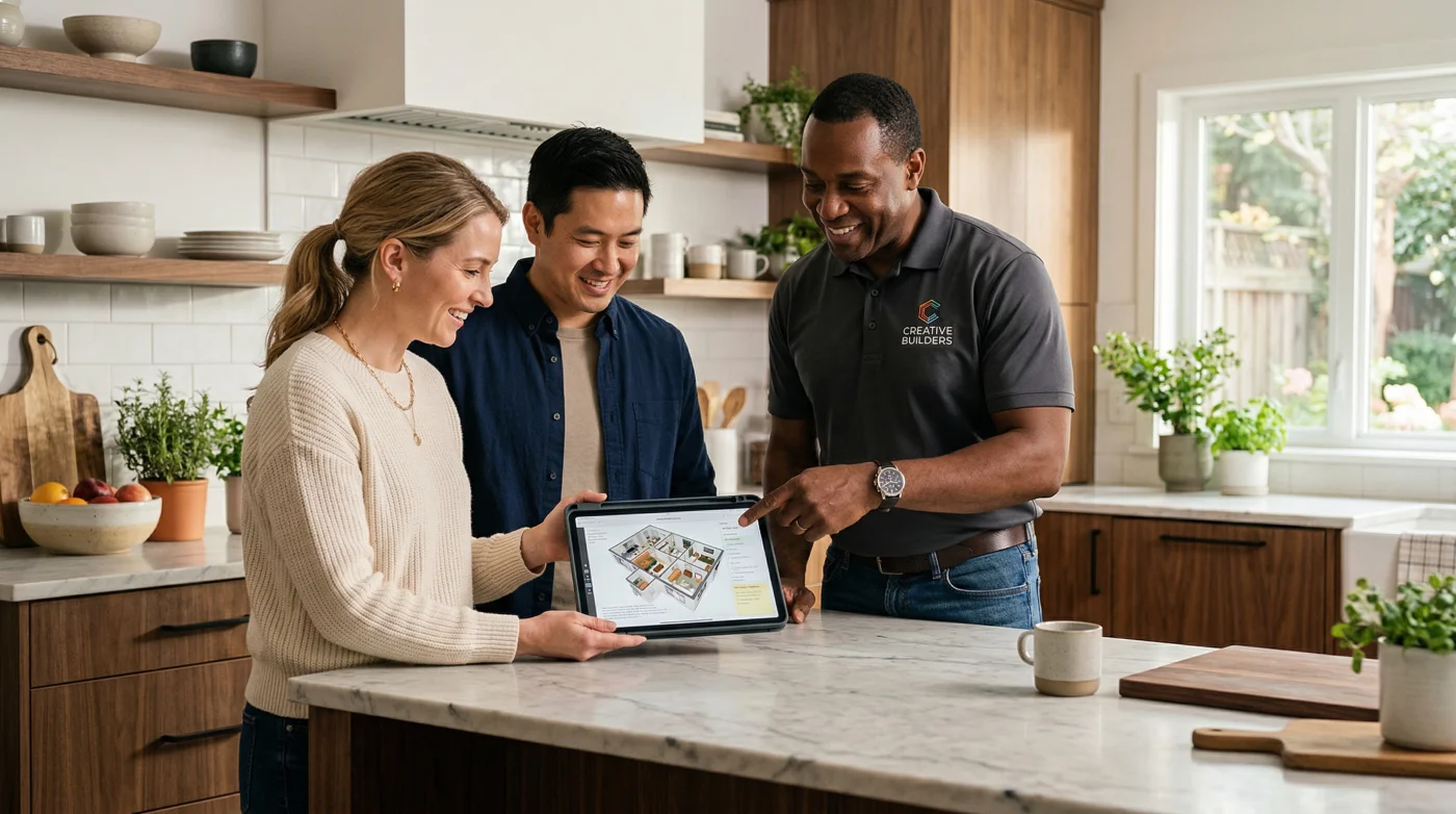 Contractor reviewing an estimate with homeowner clients on a tablet