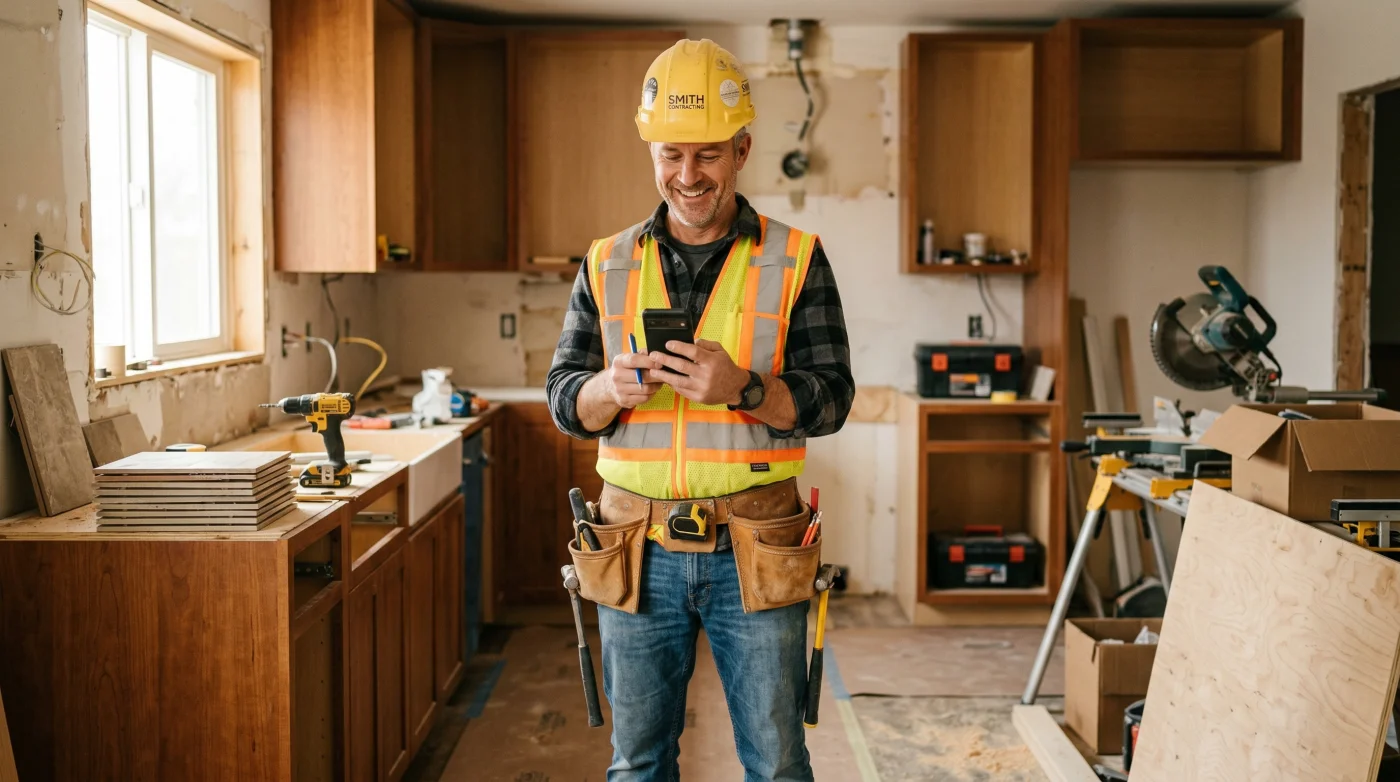 Contractor on a job site using his phone to create an estimate
