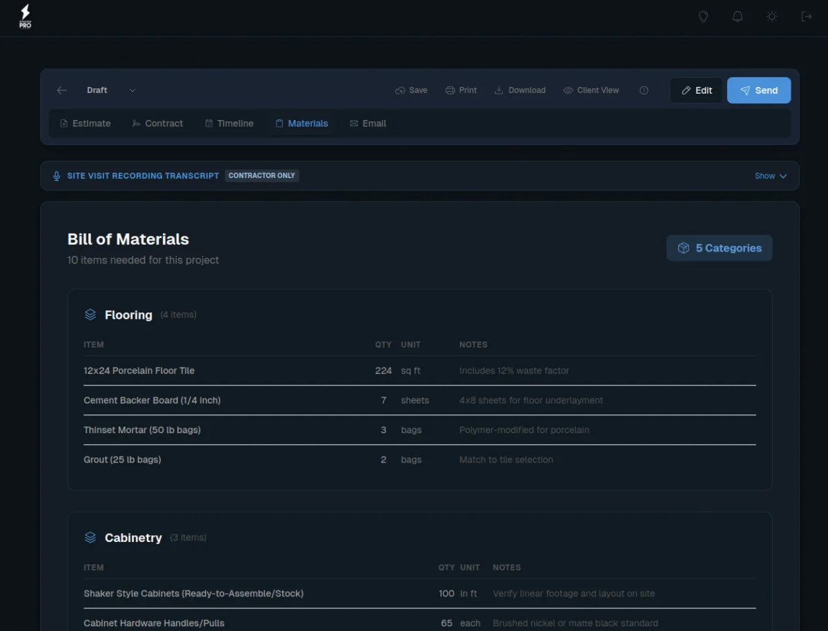 Bill of materials showing flooring and cabinetry items with quantities