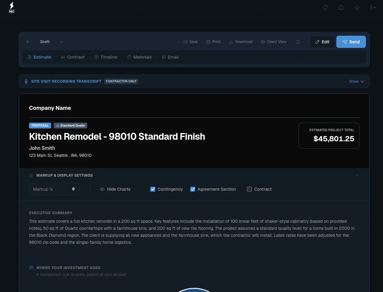 EstimationPro AI generating a professional kitchen remodel estimate for $45,801