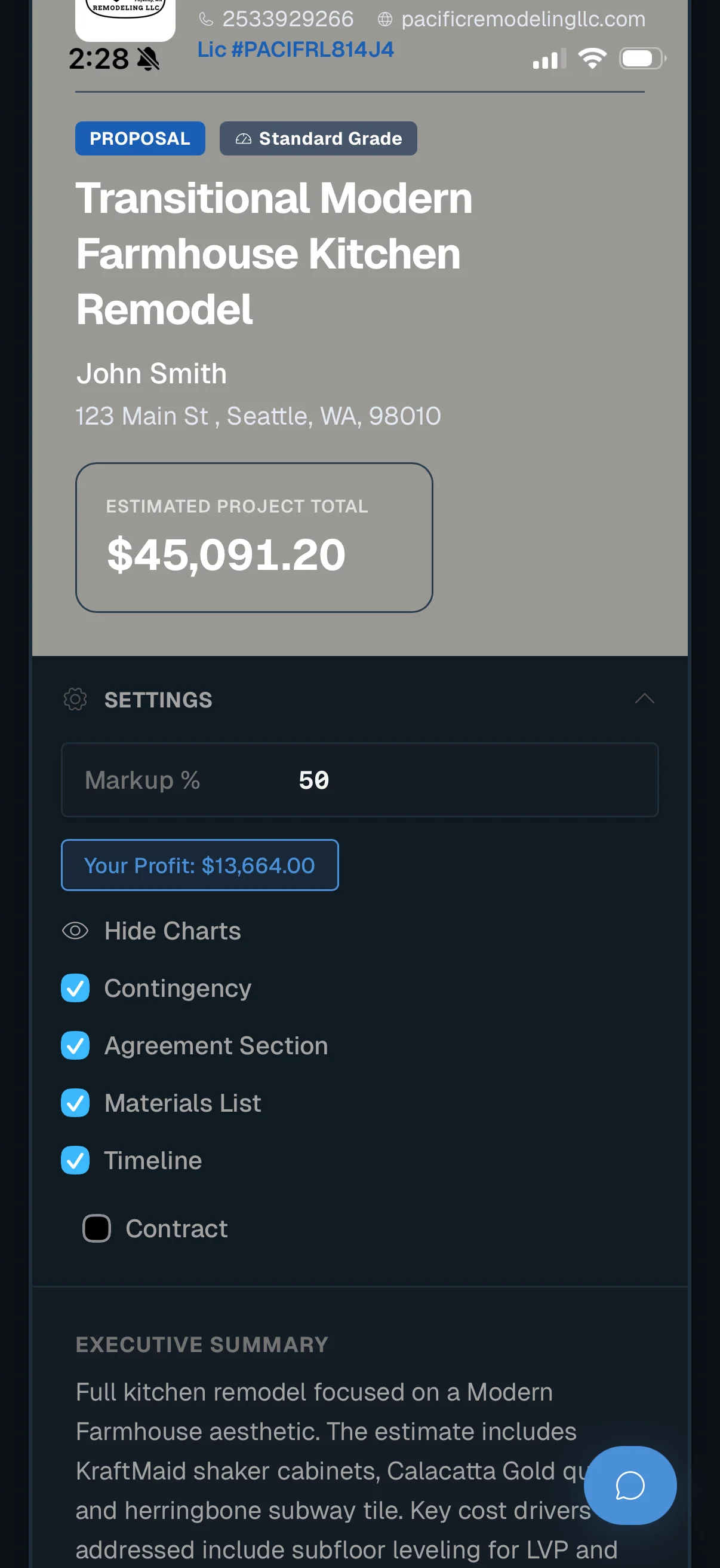 Professional proposal - Kitchen Remodel, $45,091.20 total, 50% markup with profit calculation