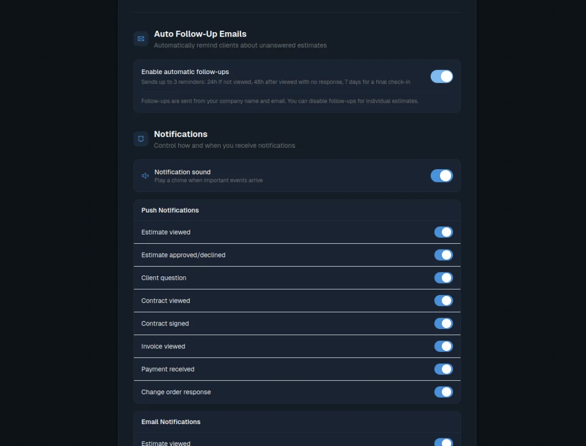Auto follow-up and notification settings with toggle controls