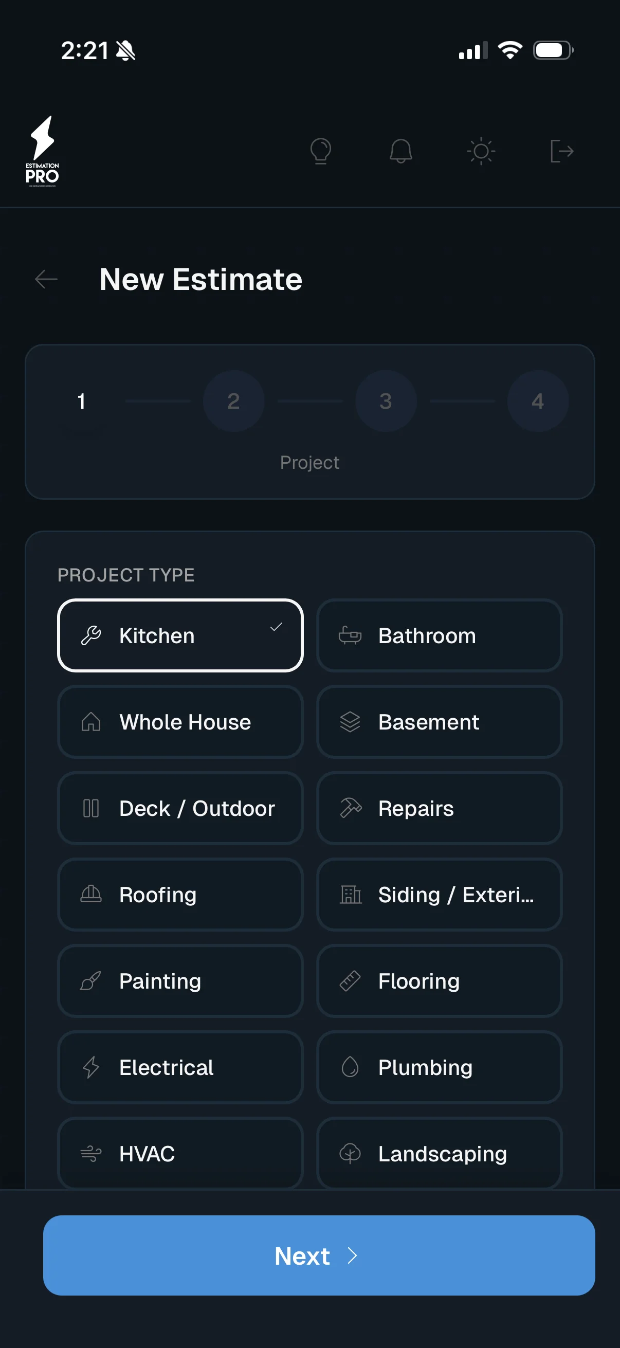 New Estimate wizard step 1 - Kitchen selected from 16 project types including Bathroom, Roofing, Deck, and more
