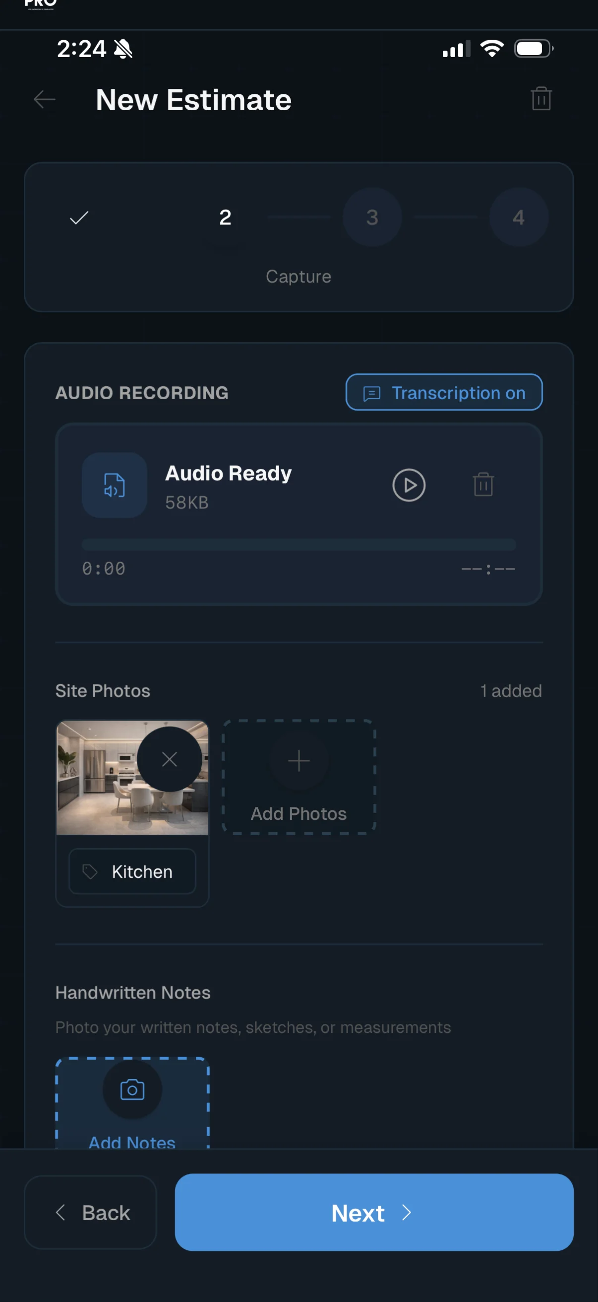 Capture step - audio recording with transcription, kitchen site photo uploaded, handwritten notes section