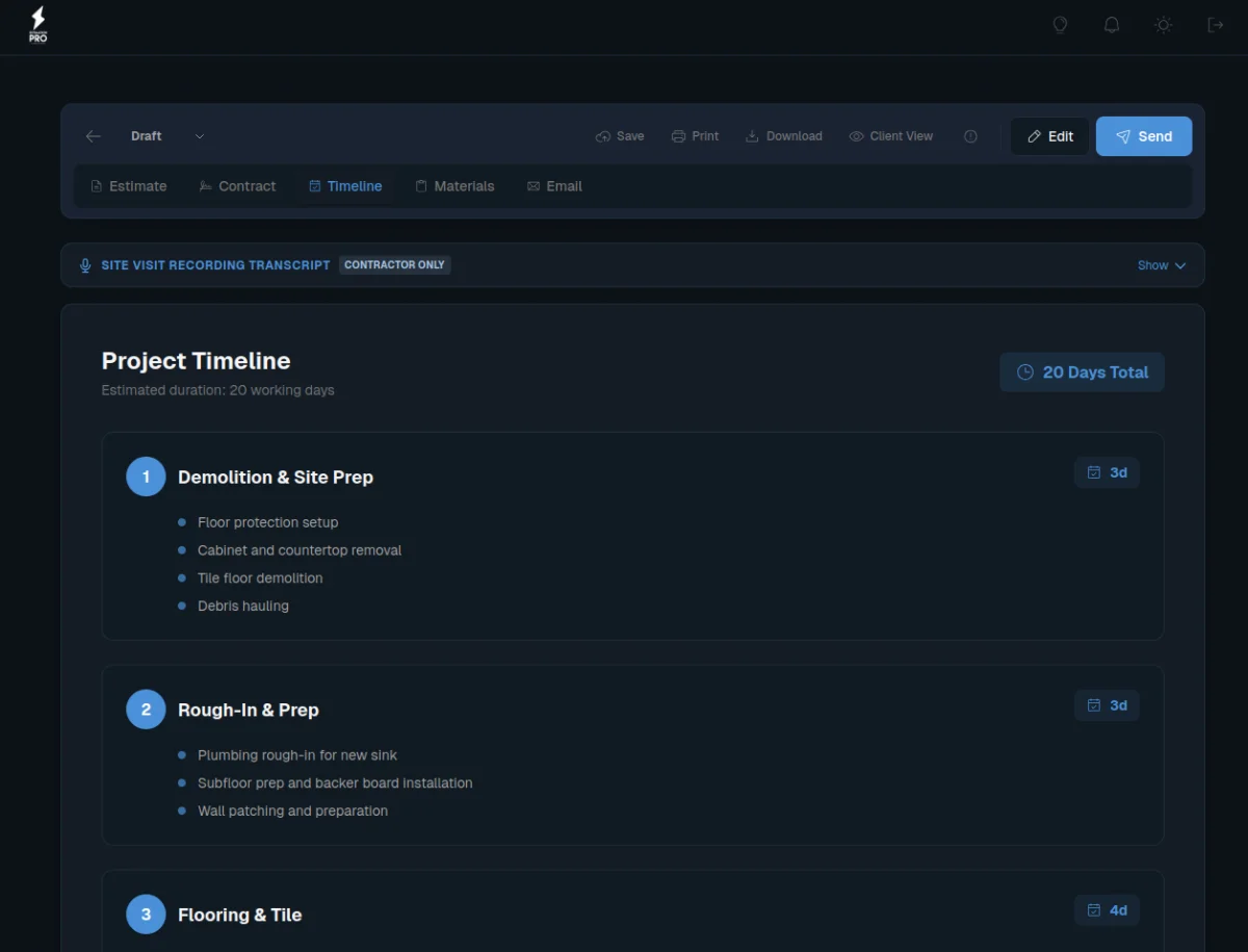 Project timeline showing 20-day phased schedule